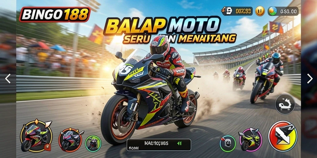 Antarmuka BINGO188 yang menarik dengan aksi balap motor yang seru.