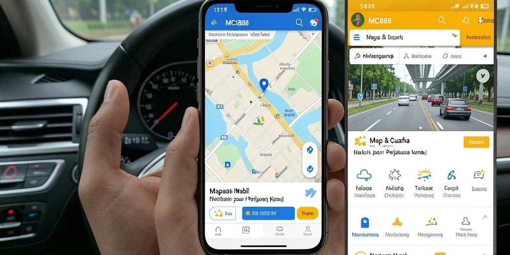 Antarmuka pengguna aplikasi MC888 menampilkan peta dan informasi navigasi yang jelas.